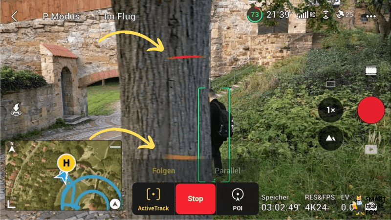 Die DJI Fly App zeigt auf dem Display eine Warnung mit Entfernung, wenn sich ein Hindernis in der Nähe der DJI Mini 3 Pro befindet.